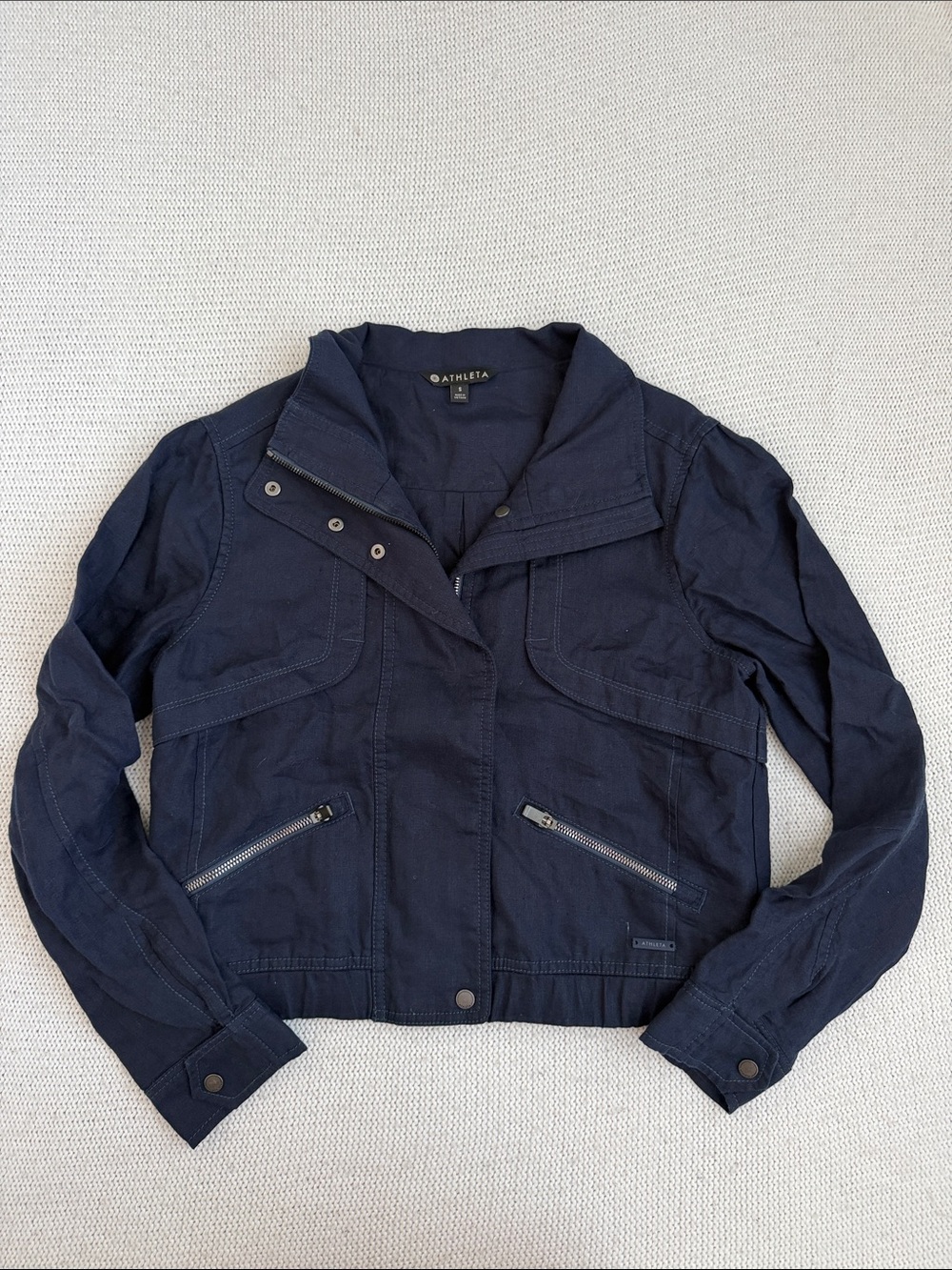Athleta 100% Linen Sahara Full yZip Utility Jacket Navy Size Small